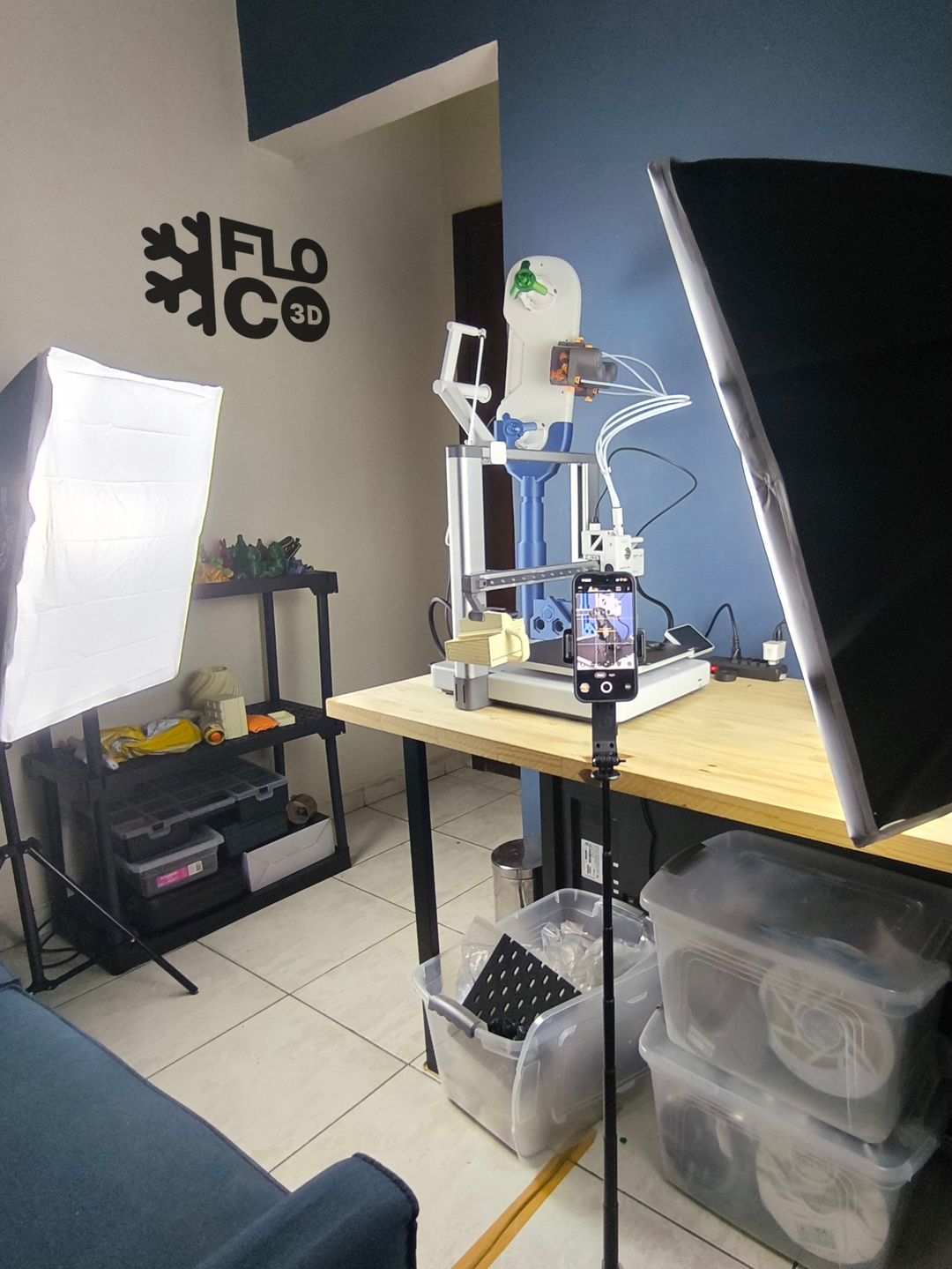 Bastidor: estúdio montado com softboxes no espaço da Floco 3D